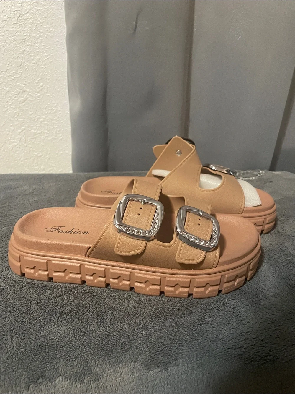 Women's Tan Dual-Buckle Slide Sandals with Chunky Sole NWOT